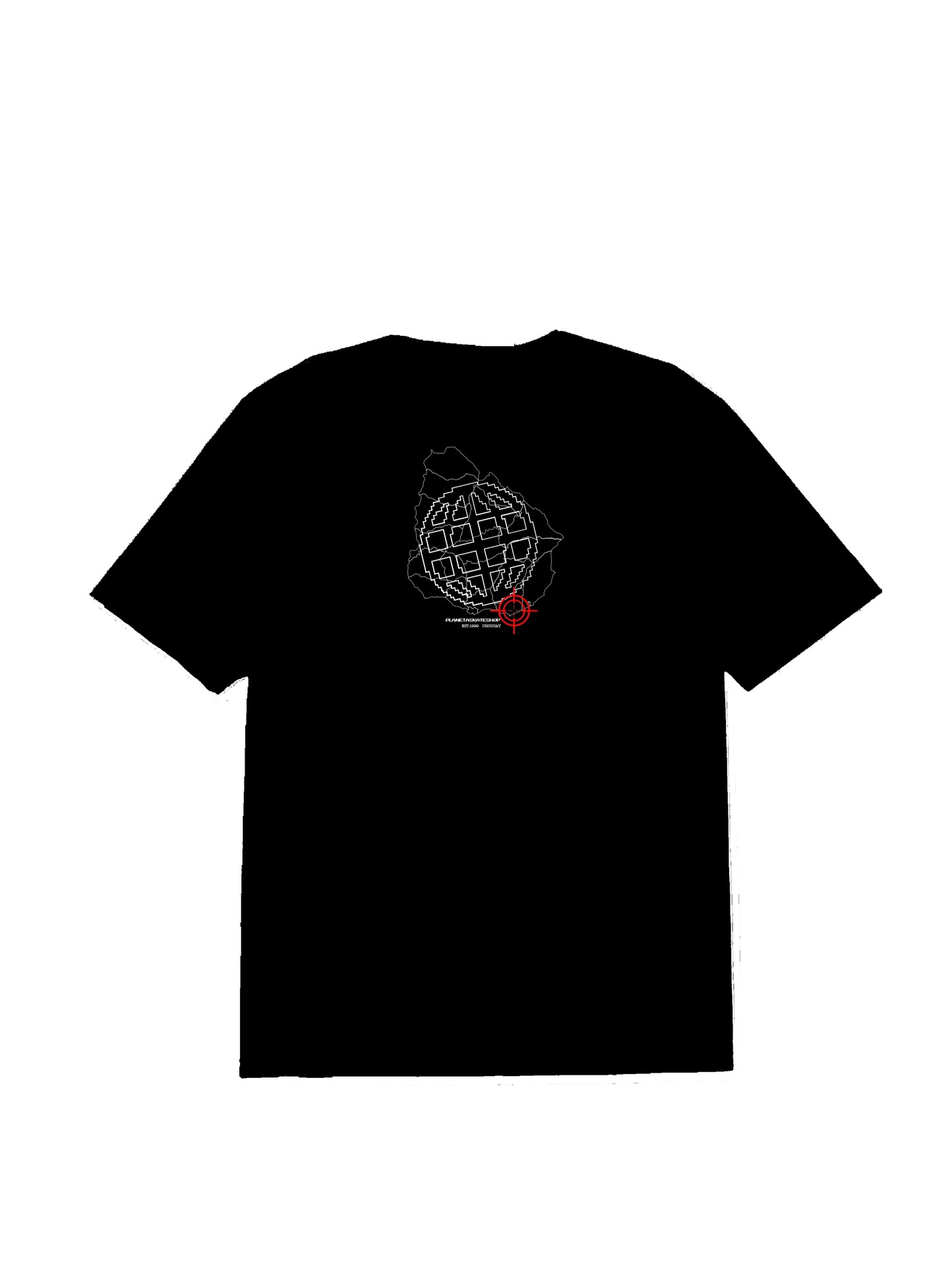 Remera negra Planeta Uruguay con gráfica blanca